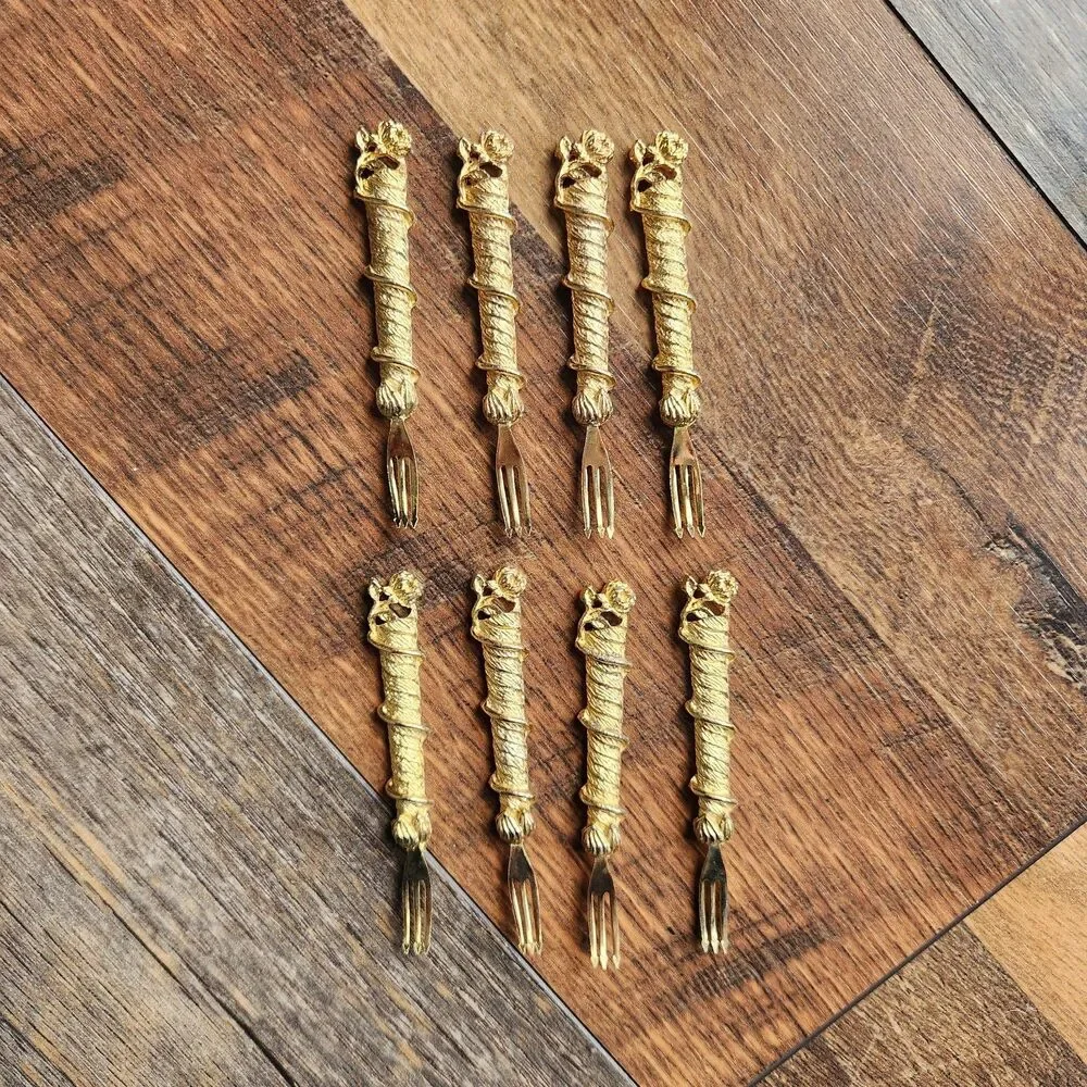 Vtg Janis Collection 24K Gold Plated Hors D'oeuvre Forks Rose Vine Set of 8 2”